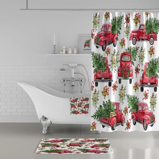 Festive Red Truck Christmas Shower Curtain Set for a Holiday Bathroom Style - Image 2
