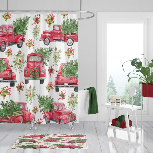 Festive Red Truck Christmas Shower Curtain Set for a Holiday Bathroom Style - Image 3