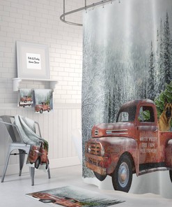 Festive Red Truck and Christmas Tree Shower Curtain Set - Add Winter Charm to Your Bathroom