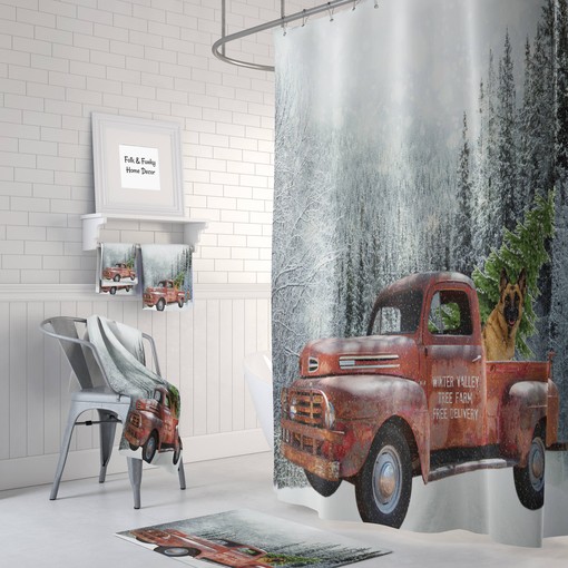 Festive Red Truck and Christmas Tree Shower Curtain Set - Add Winter Charm to Your Bathroom