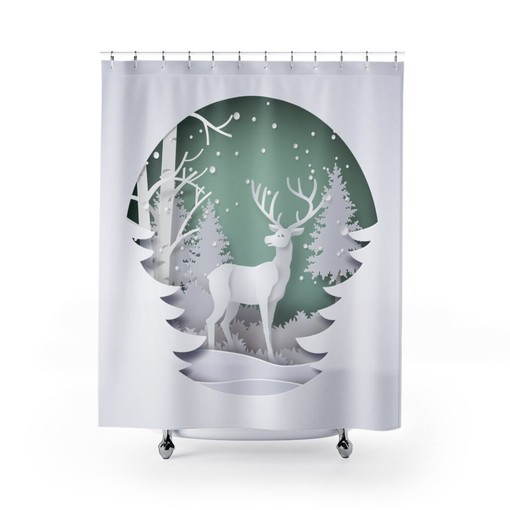 Festive Reindeer Deer Christmas Holiday Shower Curtain for Holiday Bathroom Decor