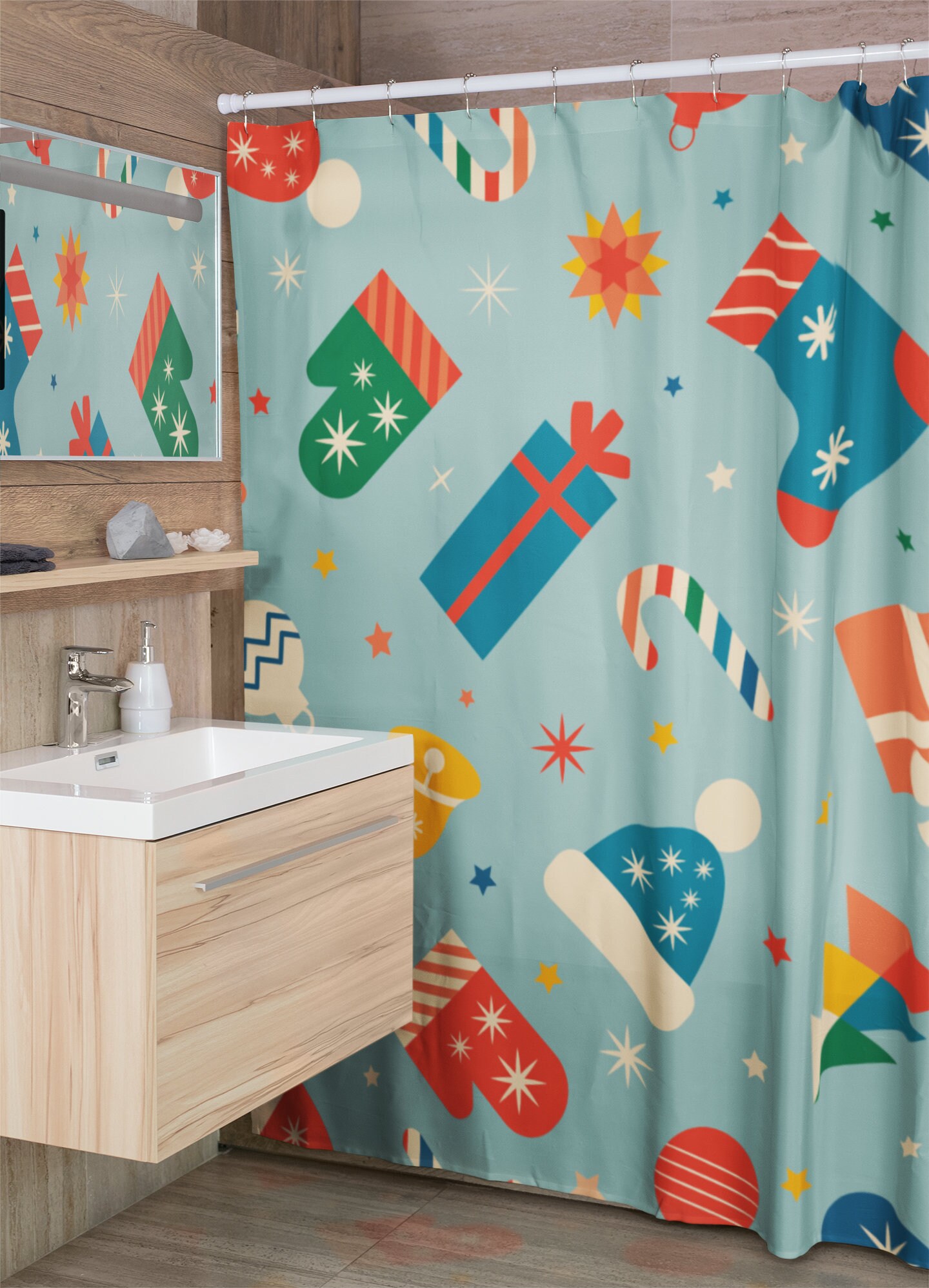 Festive Retro Christmas Shower Curtain for Vintage Holiday Decorations in Bathroom