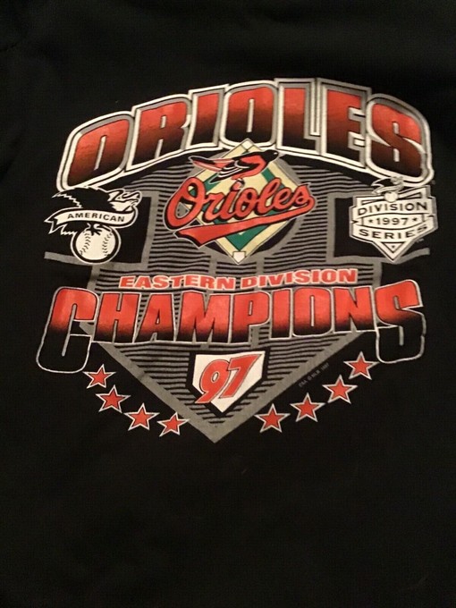 Find Your Retro Style with This 1997 Eastern Division Champs Baltimore Orioles Vintage T-Shirt for Men - Image 2