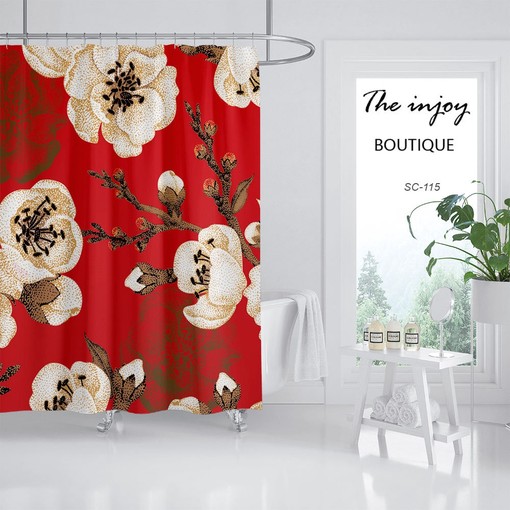 Fire Red Plum Blossoms Shower Curtain | Custom Sizes Waterproof Washable Curtain | Elegant Bathtub Decor - Image 2