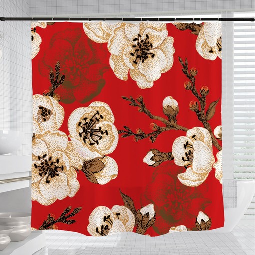 Fire Red Plum Blossoms Shower Curtain | Custom Sizes Waterproof Washable Curtain | Elegant Bathtub Decor - Image 3