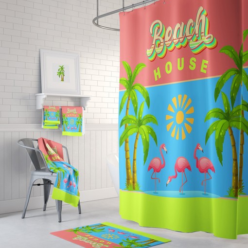 Flamingo Beach House Shower Curtain with Tropical Bath Accessories for Beachy Bathroom Decor