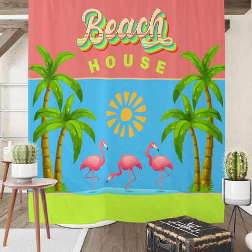 Flamingo Beach House Shower Curtain with Tropical Bath Accessories for Beachy Bathroom Decor - Image 2