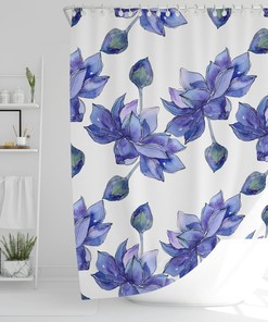 Floral Boho Shower Curtain With Blue Lotus Flowers / Romantic Fabric Bathroom Print / Eclectic Home Linens