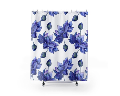 Floral Boho Shower Curtain With Blue Lotus Flowers / Romantic Fabric Bathroom Print / Eclectic Home Linens - Image 2