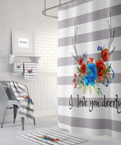 Floral Deer Antlers Boho Shower Curtain Set with Optional Bath Mat and Towels