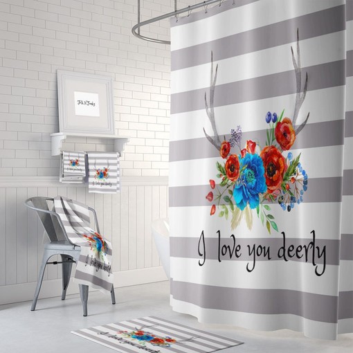 Floral Deer Antlers Boho Shower Curtain Set with Optional Bath Mat and Towels