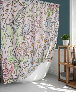 Floral Garden Shower Curtain | Pink Summer Flowers Birds Leaves | Fabric Bathroom Curtain Set | Vintage Print