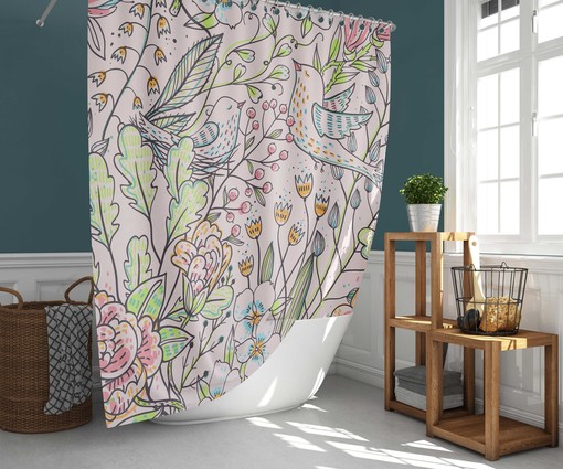Floral Garden Shower Curtain | Pink Summer Flowers Birds Leaves | Fabric Bathroom Curtain Set | Vintage Print