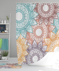 Floral Geometric Pattern Retro Fabric Shower Curtain and Mat, Colorful Bathroom Decor