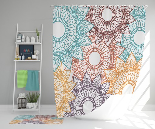 Floral Geometric Pattern Retro Fabric Shower Curtain and Mat, Colorful Bathroom Decor