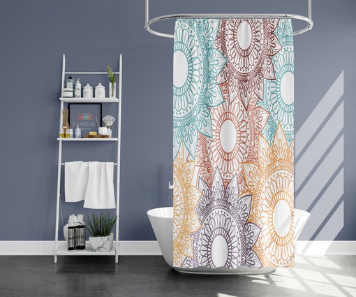 Floral Geometric Pattern Retro Fabric Shower Curtain and Mat, Colorful Bathroom Decor - Image 2