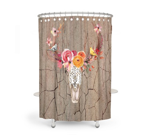 Floral Rustic Bull Skull Shower Curtain Set - Western Bath Set Optional Towels and Mat for Boho-Chic Bathroom Decor - Image 2