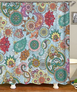 Floral and Unique Design Boho Blue Swirl Flower Shower Curtain