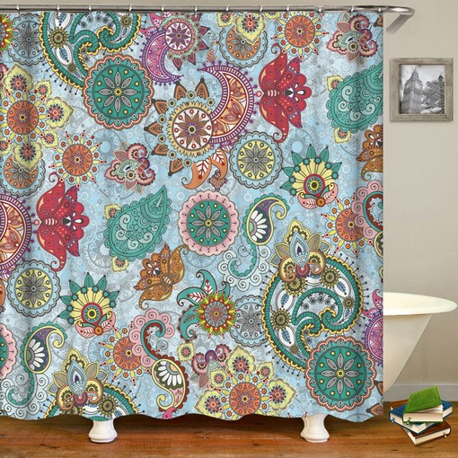 Floral and Unique Design Boho Blue Swirl Flower Shower Curtain