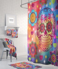Flower Power Happy Skull Kids Shower Curtain with Optional Towels and Hand Towels