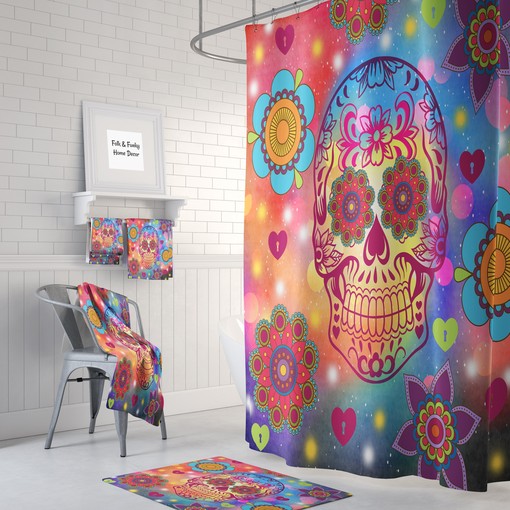 Flower Power Happy Skull Kids Shower Curtain with Optional Towels and Hand Towels
