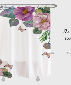 Flowers Butterfly Shower Curtain with Minimalist Plant Floral Bathroom Decor