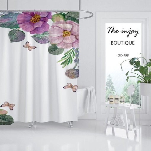 Flowers Butterfly Shower Curtain with Minimalist Plant Floral Bathroom Decor - Image 2