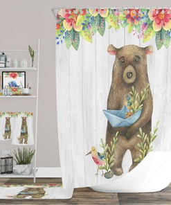 Folk Art Bear Shower Curtain with Coordinating Bath Mat and Towels for Whimsical Additions