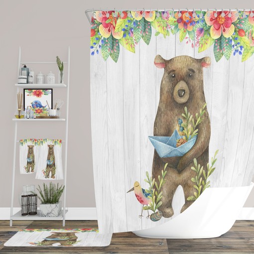 Folk Art Bear Shower Curtain with Coordinating Bath Mat and Towels for Whimsical Additions