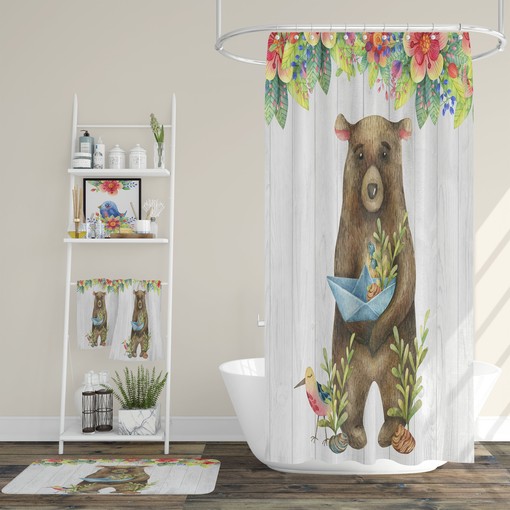 Folk Art Bear Shower Curtain with Coordinating Bath Mat and Towels for Whimsical Additions - Image 2
