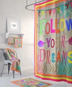 Follow Your Dreams Vibrant Boho Shower Curtain Set for Inspiring Bathroom Decor