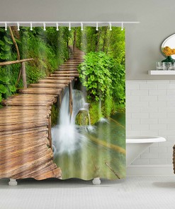 Forest Trail Landscape Unique Shower Curtain | Wooden Bridge by the Creek Bathroom Curtain