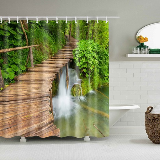 Forest Trail Landscape Unique Shower Curtain | Wooden Bridge by the Creek Bathroom Curtain
