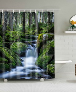 Forest Waterfall Landscape Shower Curtain | Scenic Trees Print | Bathroom Decor