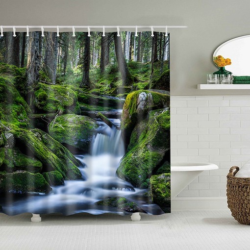 Forest Waterfall Landscape Shower Curtain | Scenic Trees Print | Bathroom Decor