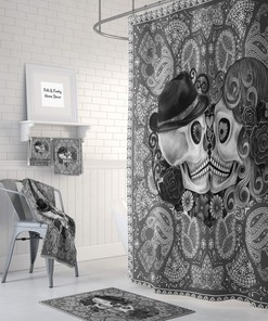 Forevermore Skulls Couple Shower Curtain Set for a Gothic Bathroom
