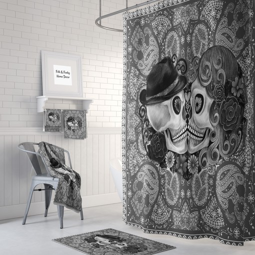 Forevermore Skulls Couple Shower Curtain Set for a Gothic Bathroom