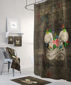 Forevermore Sugar Skulls Shower Curtain Set with Vintage Skulls and Bath Accessories
