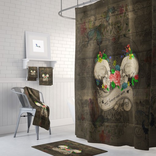 Forevermore Sugar Skulls Shower Curtain Set with Vintage Skulls and Bath Accessories