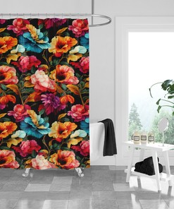 Fun Colorful Floral Shower Curtain Set - Eye-Catching Bath Set with Optional Towels and Mat for Colorful Bathroom Decor