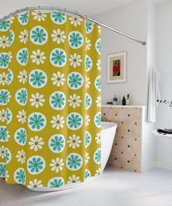 Fun Groovy Daisy Floral Turquoise Blue and Lime Green Mid Century Modern Shower Curtain for a Playful Look