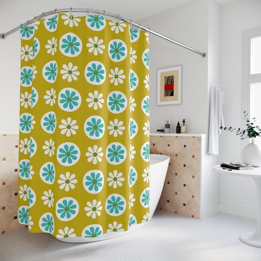Fun Groovy Daisy Floral Turquoise Blue and Lime Green Mid Century Modern Shower Curtain for a Playful Look