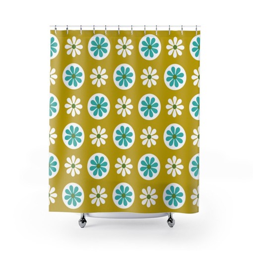 Fun Groovy Daisy Floral Turquoise Blue and Lime Green Mid Century Modern Shower Curtain for a Playful Look - Image 2
