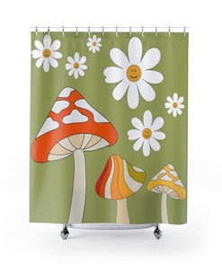 Fun Mushroom Fairy Core and Retro Green and Orange Mid Mod Shower Curtain for a Whimsical Bathroom