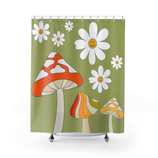 Fun Mushroom Fairy Core and Retro Green and Orange Mid Mod Shower Curtain for a Whimsical Bathroom