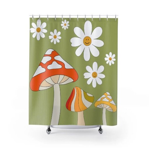 Fun Mushroom Fairy Core and Retro Green and Orange Mid Mod Shower Curtain for a Whimsical Bathroom - Image 2