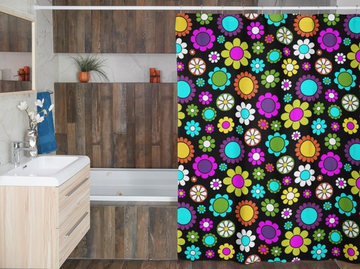 Fun and Groovy Retro Boho Flowers Shower Curtain, Hippie Bathroom Accessory