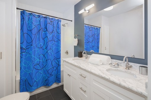 Fun and Vibrant Bright Blue Mid Century Modern Boomerang Pattern Shower Curtain - Image 2