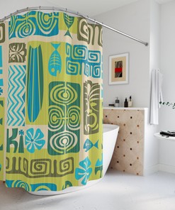Funky Groovy Lime Green and Blue Tiki Man Print Shower Curtain for a Retro Bathroom
