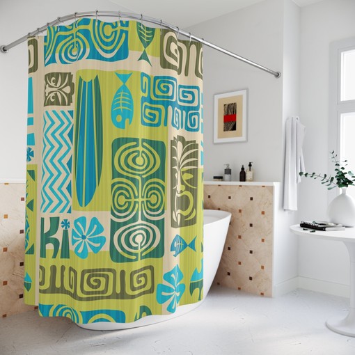 Funky Groovy Lime Green and Blue Tiki Man Print Shower Curtain for a Retro Bathroom
